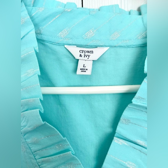 Crown & Ivy Cotton Blend Aqua Metallic Ruffle Sleeveless Top-Size Large - Picture 2 of 10